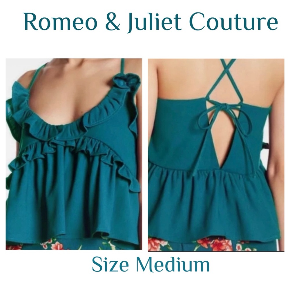 Romeo & Juliet Couture turquoise ruffled crop top with lace up back / M / EUC